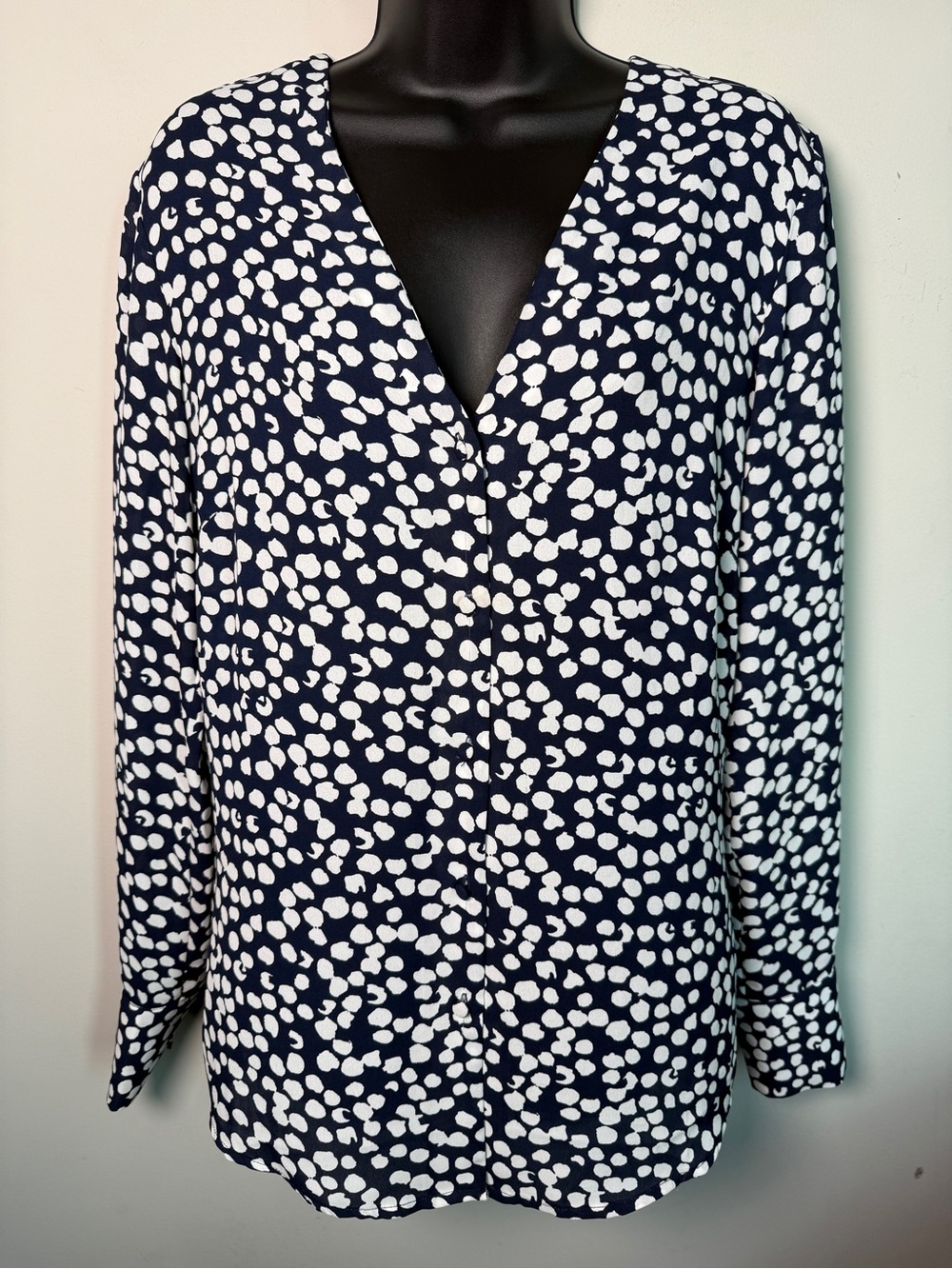 Long Tall Sally Navy Ditsy Polka Dot Button Up Blouse Sz 8